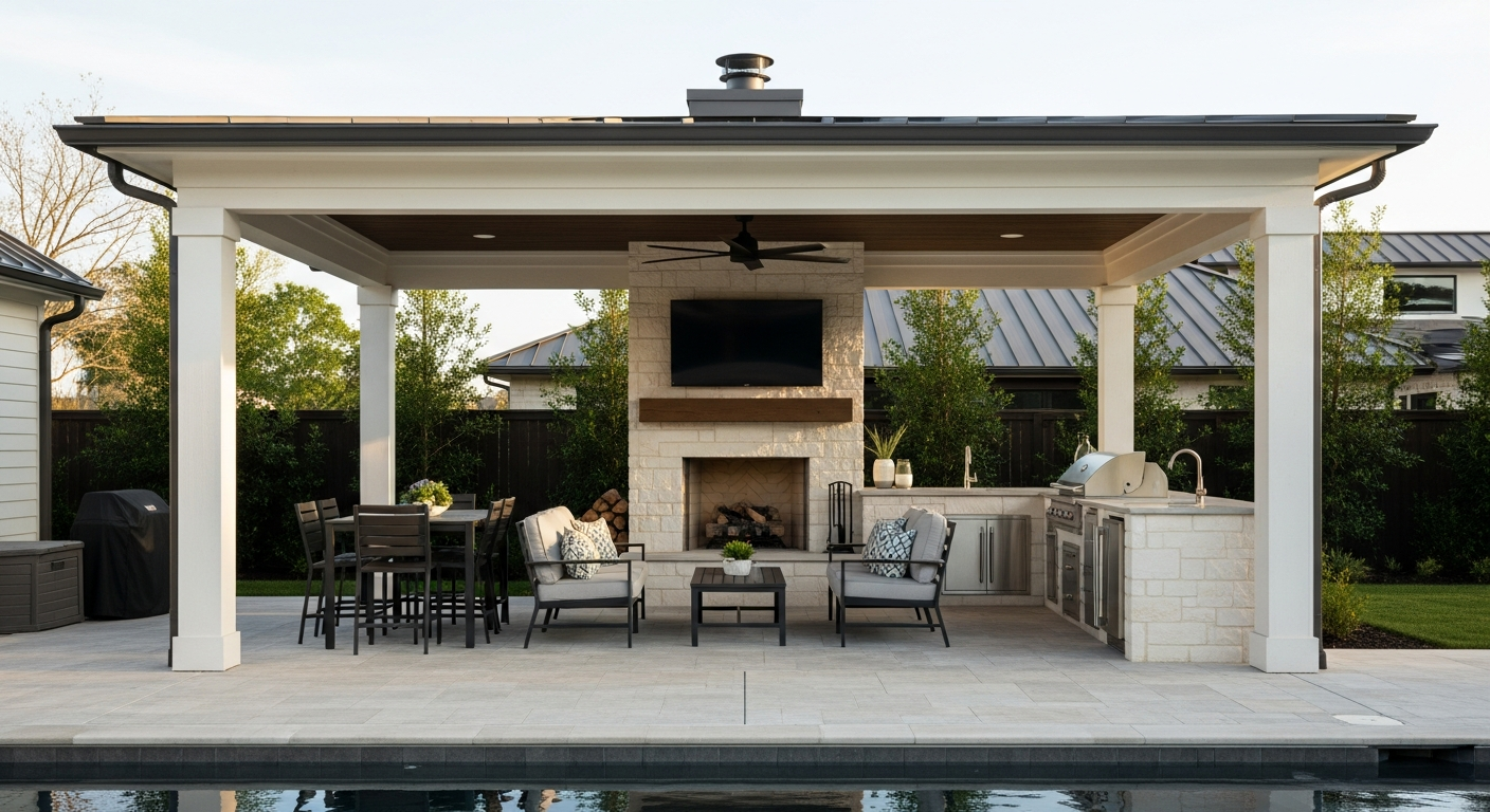 Outdoor Covered Patio with Fireplace and Kitchen